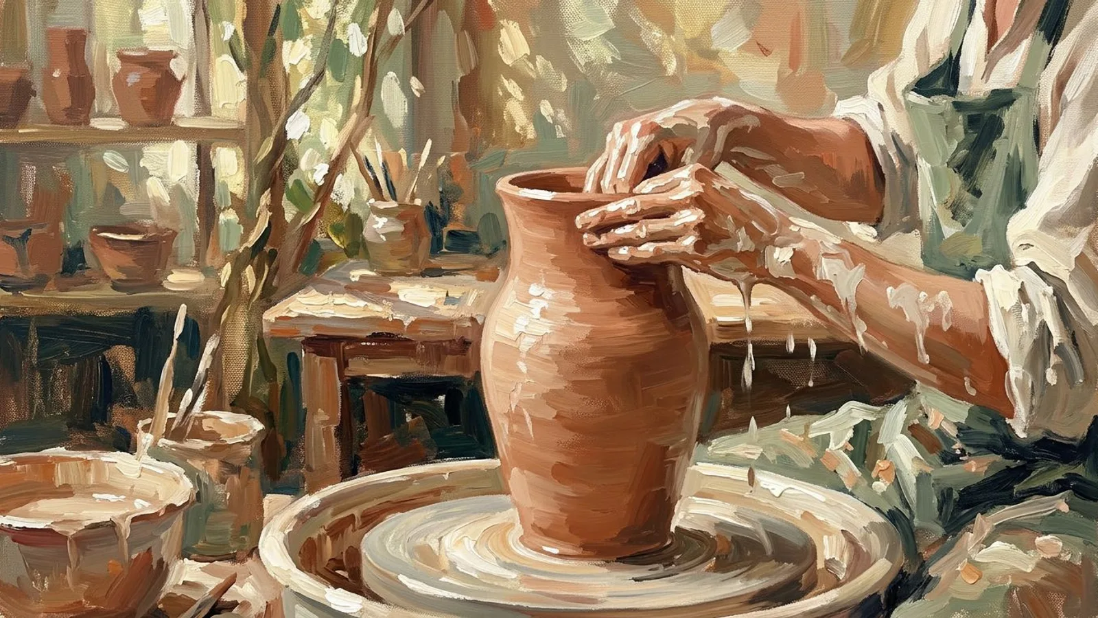 Hands lifting a tall unglazed vessel off the wheel in a sunlit pottery workshop, clay slip running down the forearms.