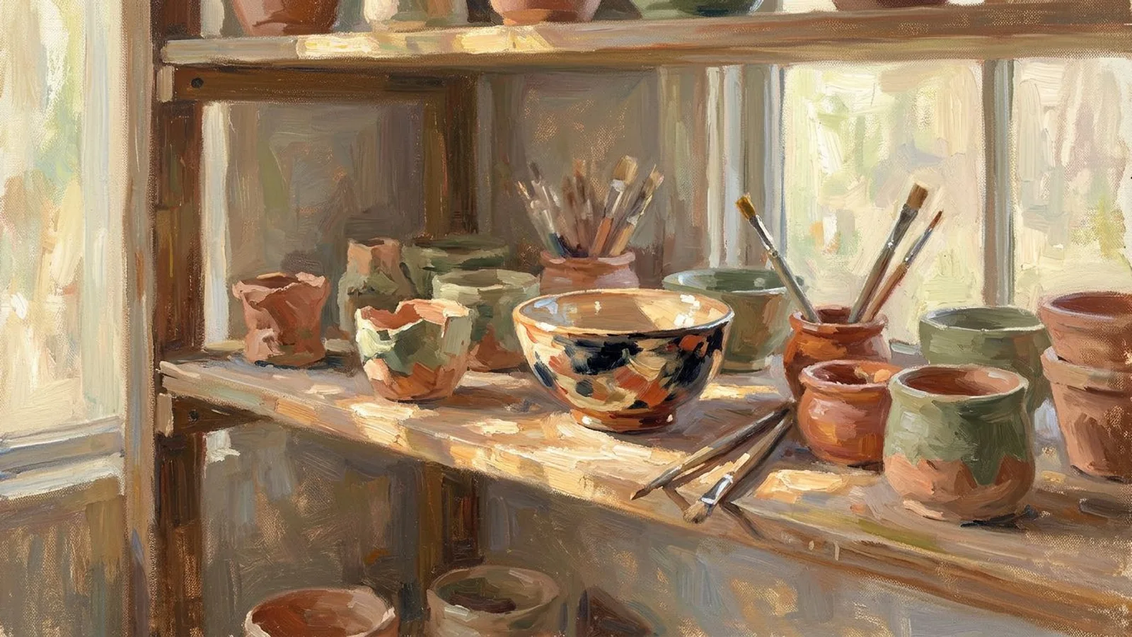 One finished ceramic bowl on a studio shelf surrounded by rough test pieces, in late afternoon light.