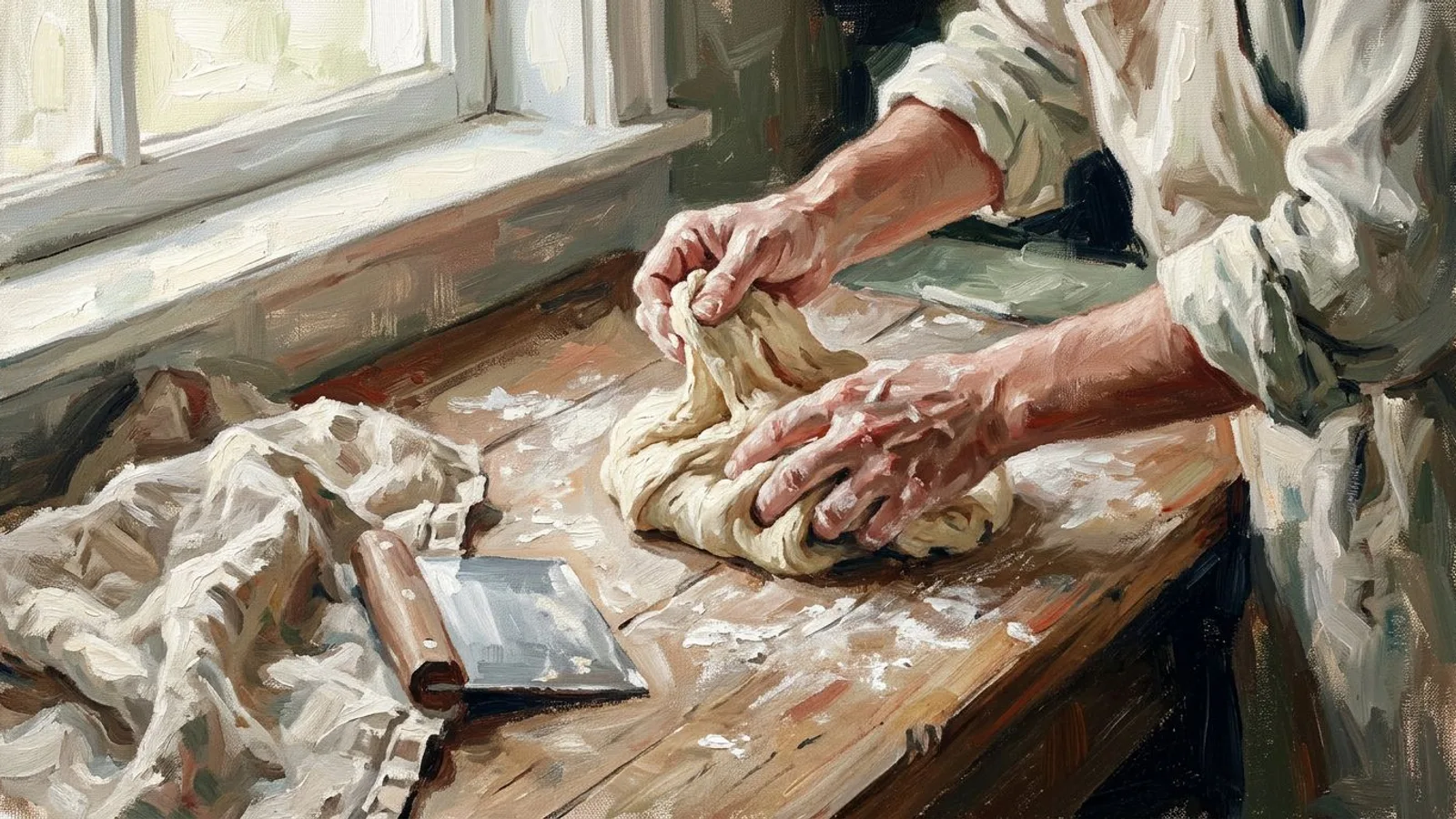 Floured hands folding dough on a worn wooden bench, face out of frame, in morning light