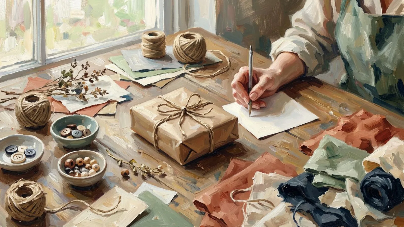 A hand writing a note beside a parcel wrapped in brown paper on a studio worktable