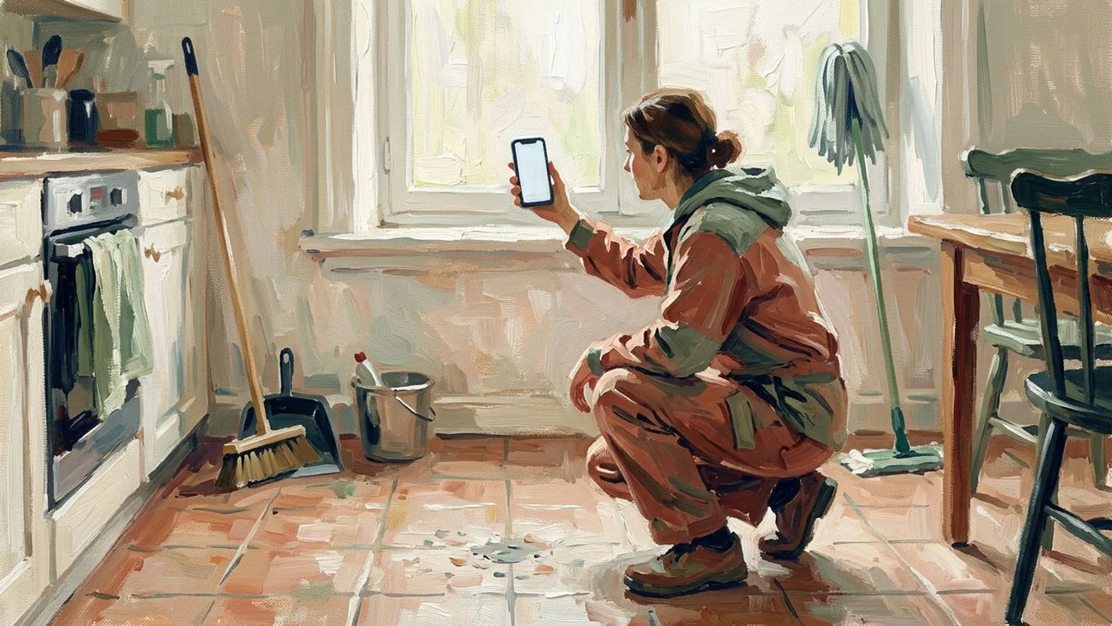 A cleaner photographing a kitchen corner from a marked spot on the floor, using the same framing before and after the job.