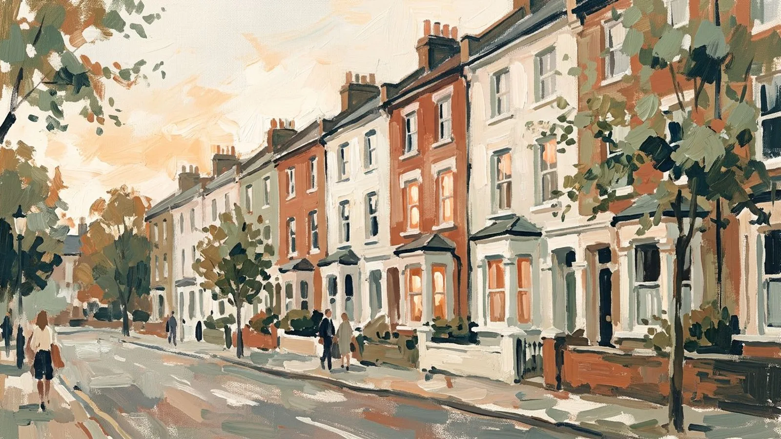 A quiet residential street of terraced houses with three of them lit from inside, standing for clients clustered on one round.
