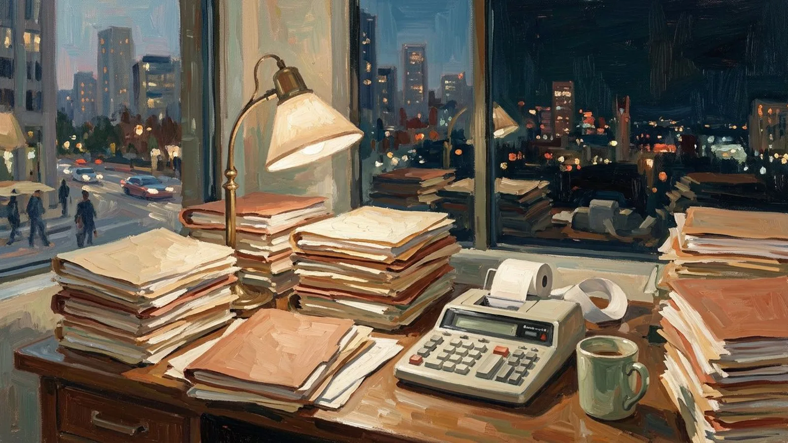 A bookkeeper's desk at dusk in tax season, with stacks of client folders under a lamp