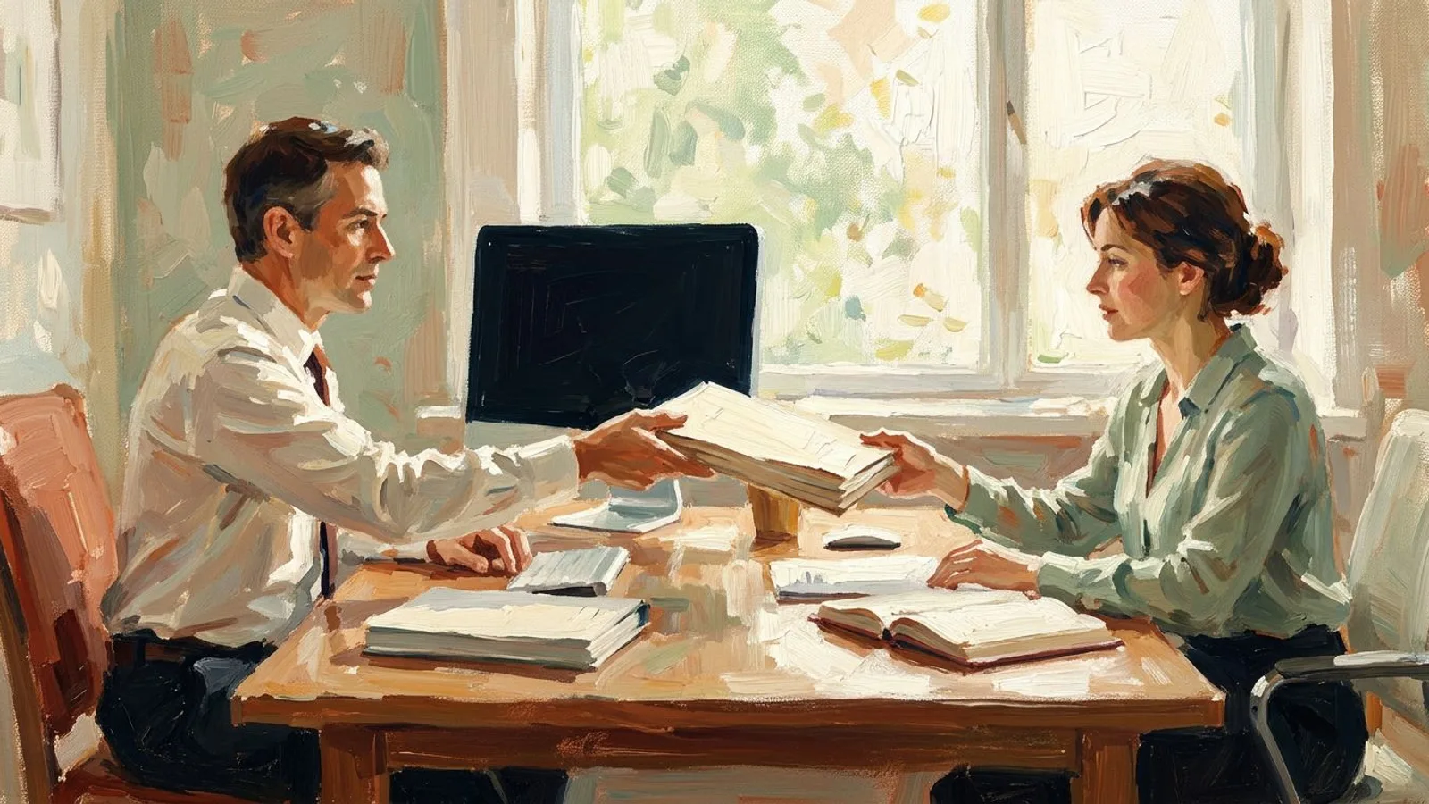 An accountant handing a thick client file to a bookkeeper across a quiet office table