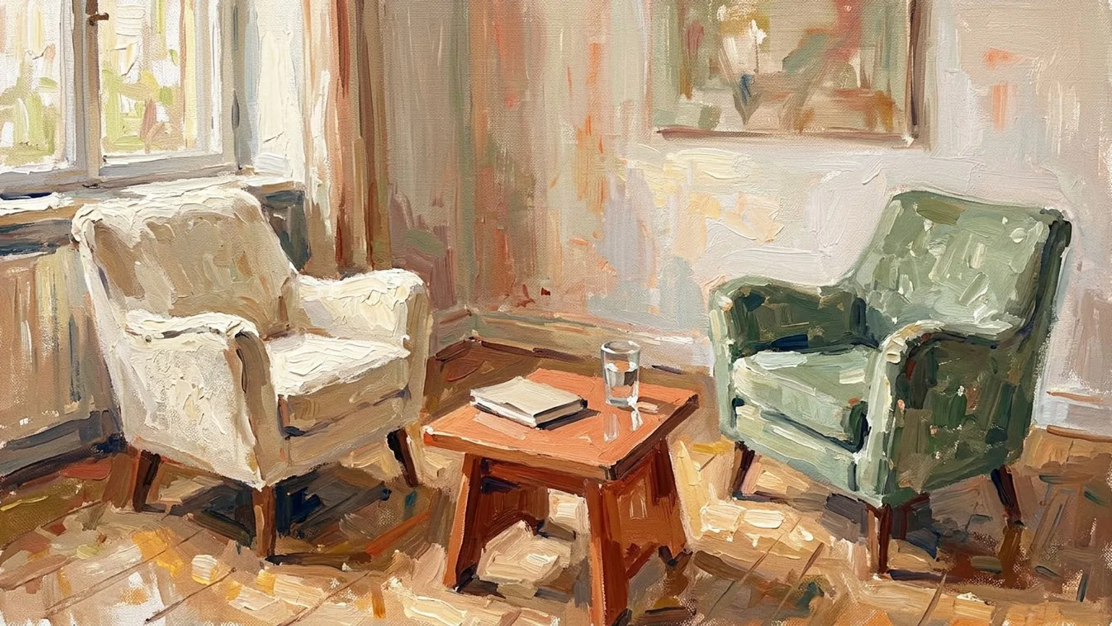 Two armchairs facing each other in a quiet consulting room, a closed notebook on the low table between them, late afternoon light across the floor.
