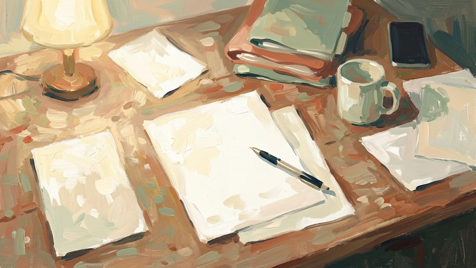 A desk seen from above with loose paper sheets, a pen laid across them, a mug and a small stack of folders under warm lamp light.