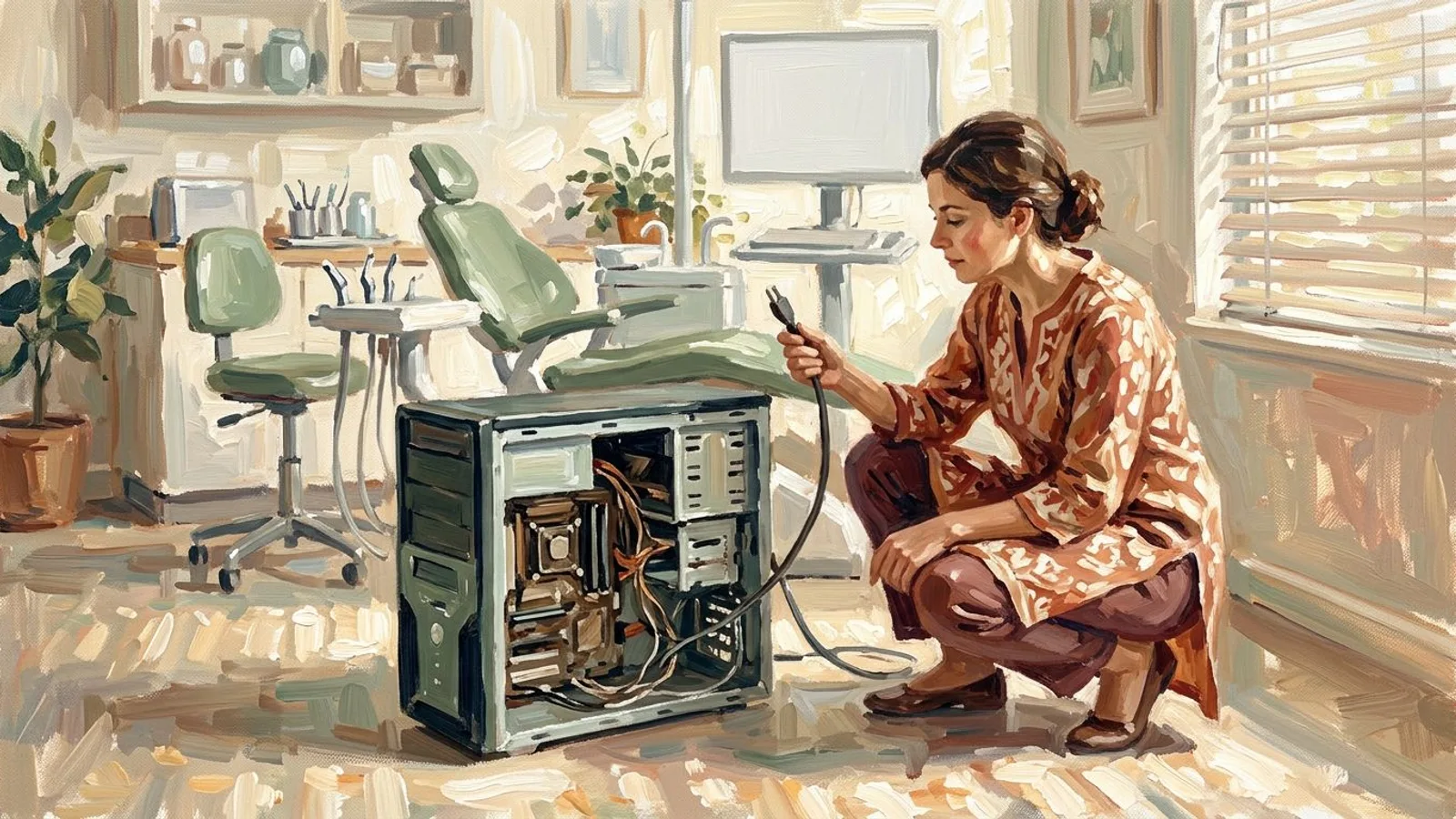 A woman crouched beside an open desktop computer on the floor of a dental office, holding a cable, painted in loose warm brushstrokes.