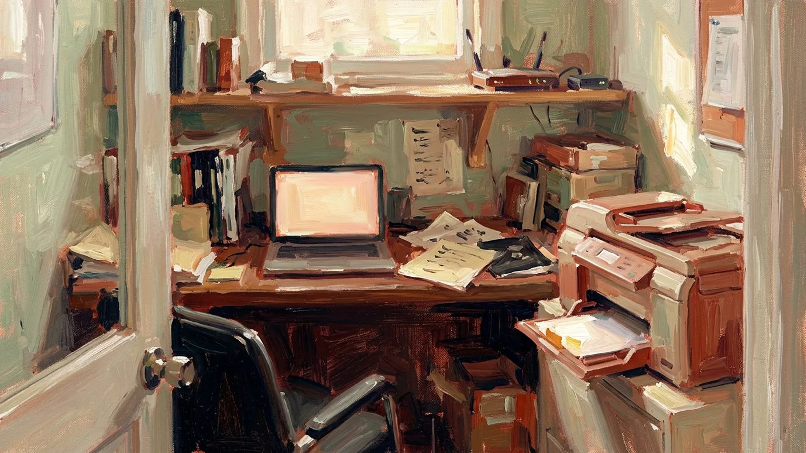 A small back office with a laptop, a blinking router on a shelf and a printer with its paper tray open, seen from the doorway in soft light.