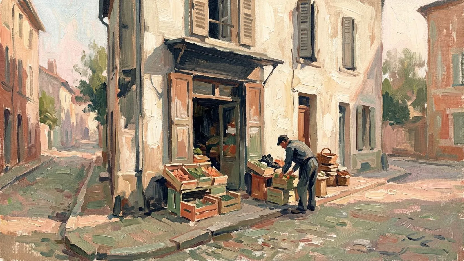 A small town shopfront at first light, shutters half raised, one person setting crates out on the pavement.
