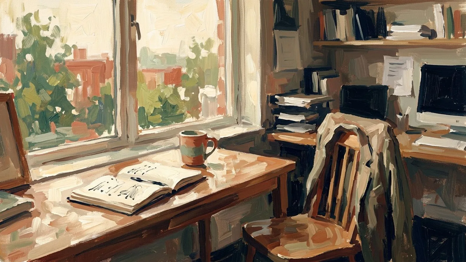 A back-office table by a window in late afternoon light, an open notebook beside a cooling mug and a pushed-back chair.