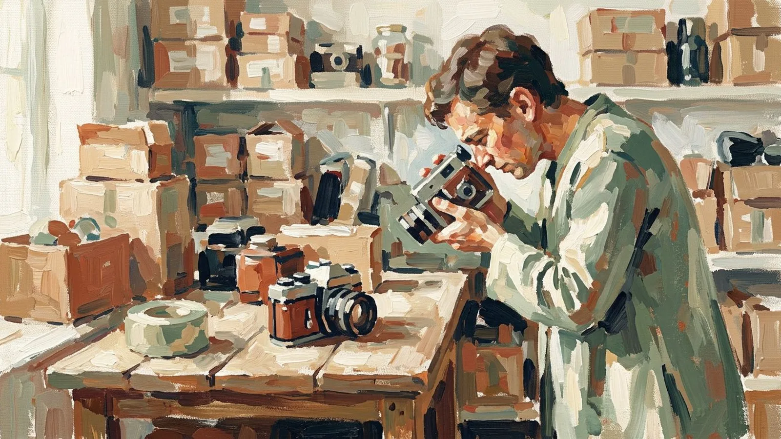 A reseller inspecting a vintage film camera at a workbench in front of shelves of boxed stock