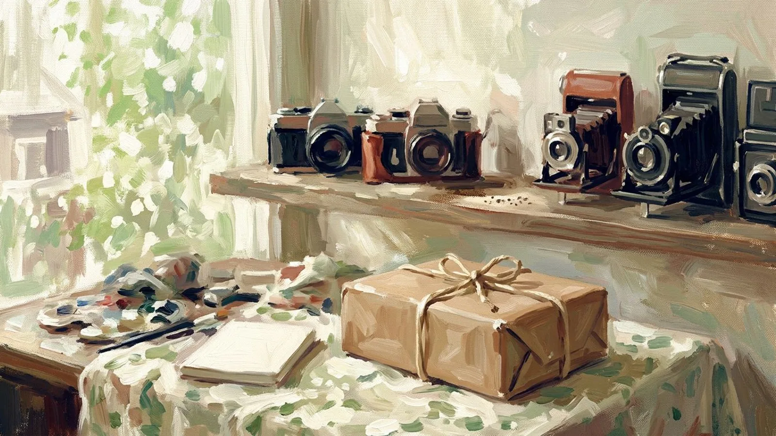 A shelf of vintage cameras with an empty gap beside a sealed parcel ready to ship