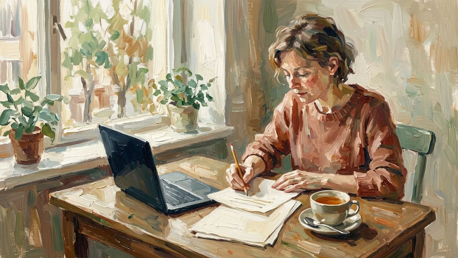 A physiotherapist at a window desk underlining phrases on a stack of printed client reviews