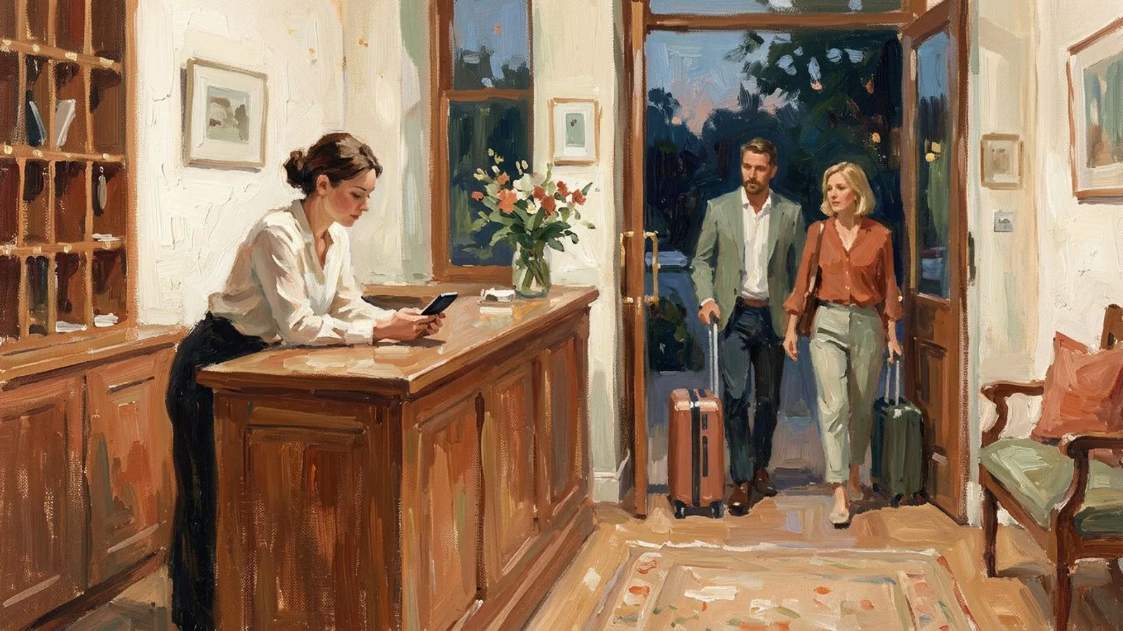 A small hotel reception at dusk, the receptionist reading a message while guests with suitcases arrive