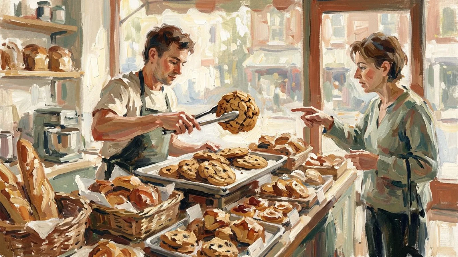 A baker lifting an oversized cookie from a tray for a customer at a small neighborhood bakery counter