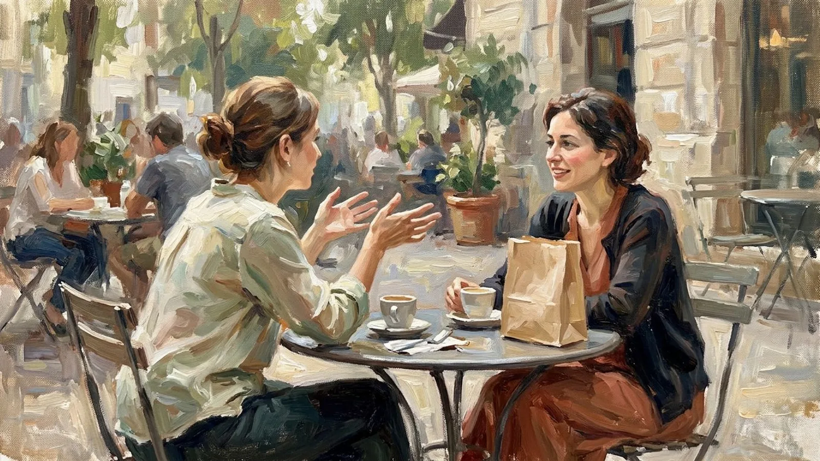 Two friends at a cafe table, one describing a bakery with her hands, a plain paper bakery bag between them