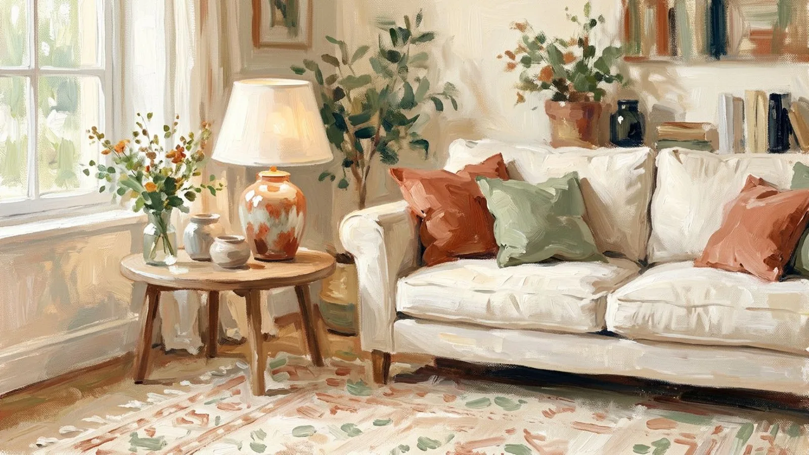 A styled living room corner where one glazed ceramic table lamp stands out among the sofa, rug and cushions