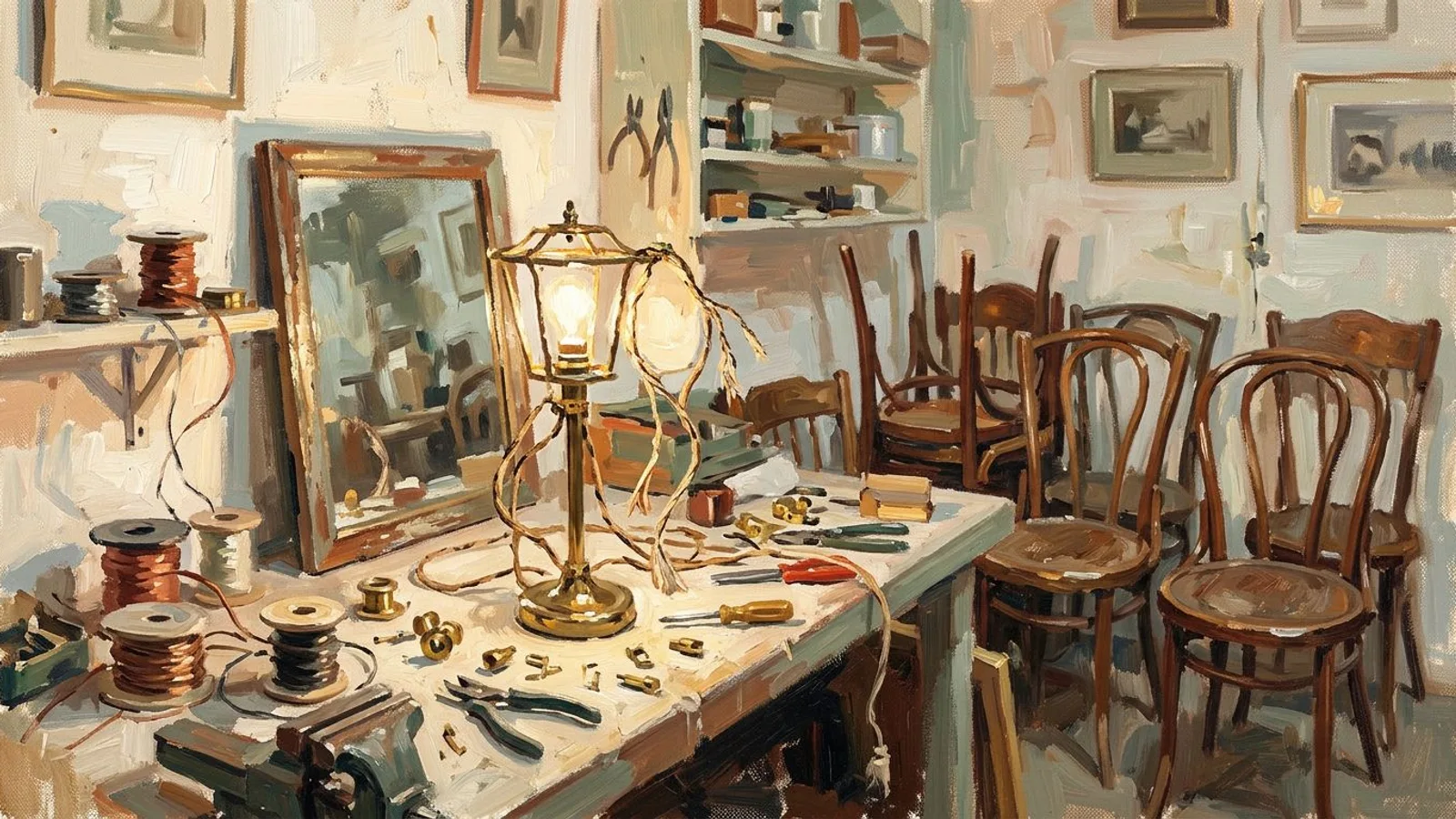 A vintage dealer's workbench with a brass lamp being rewired and a few chairs waiting to be sold