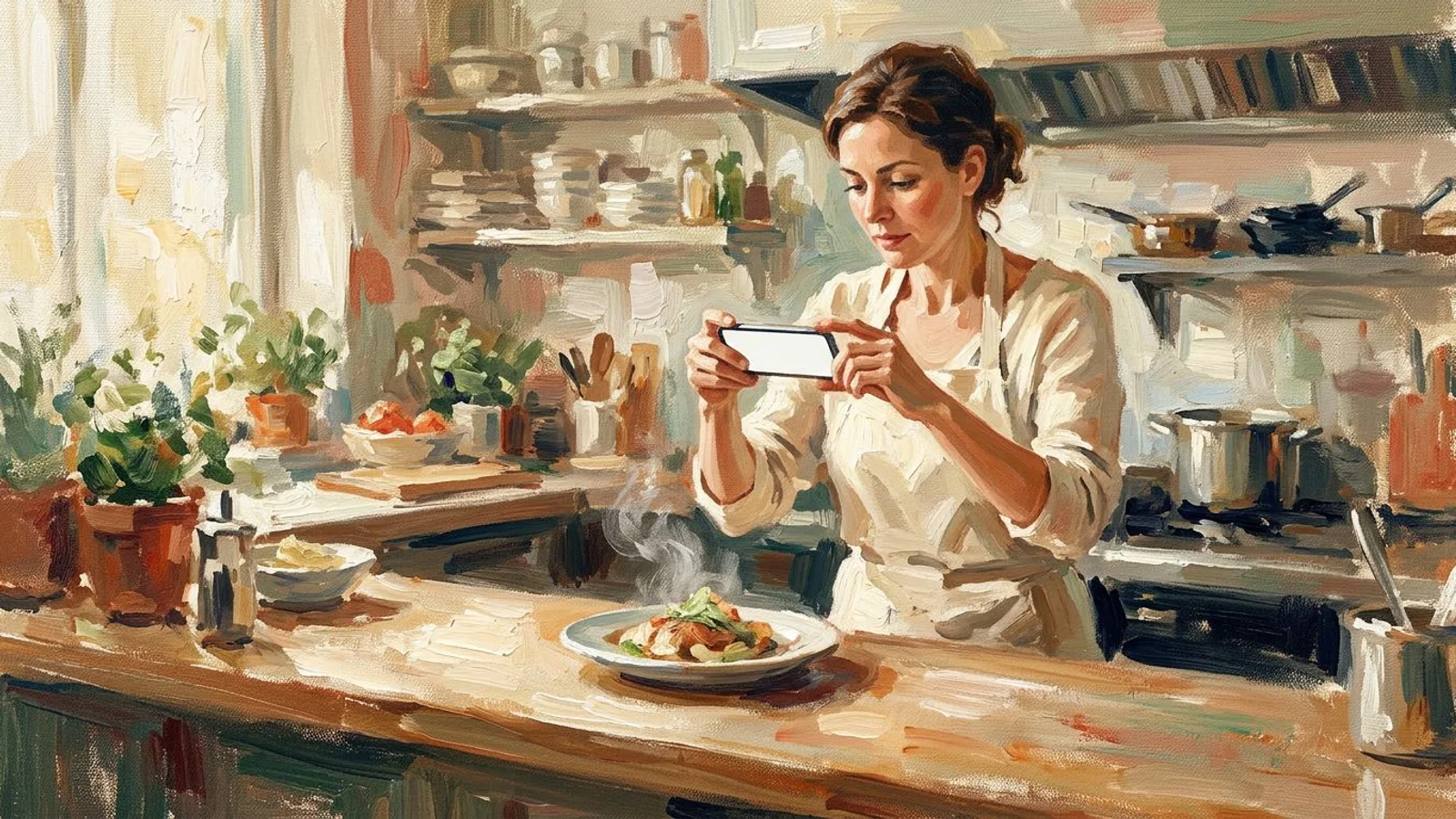 A bistro owner photographing a plated dish with a phone at the kitchen pass