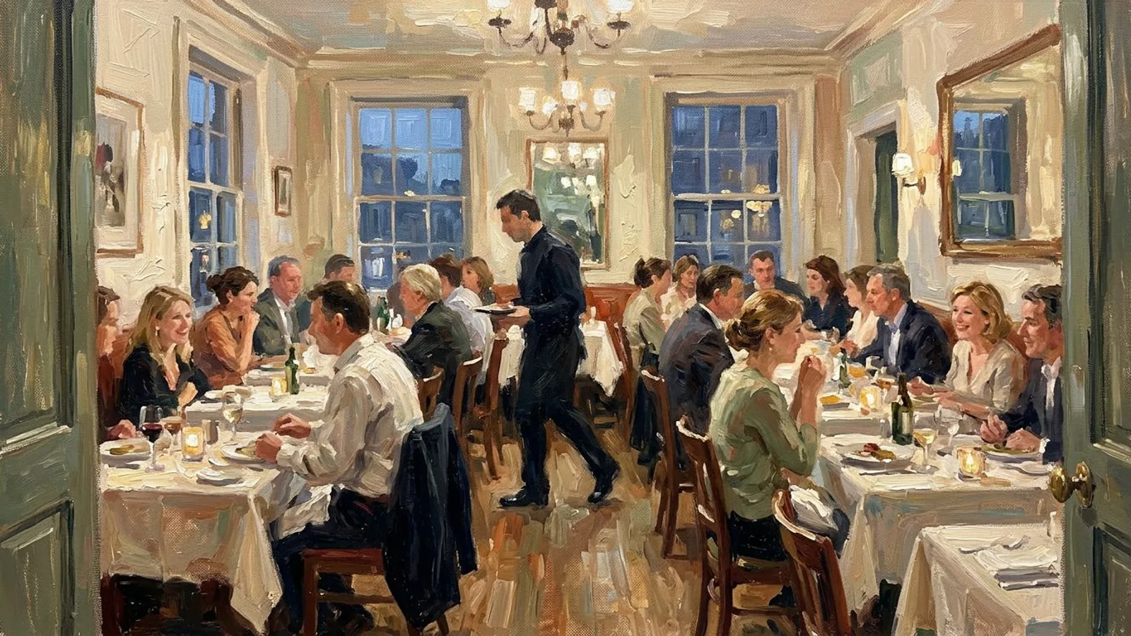 A small dining room at evening service, tables full, seen from the doorway