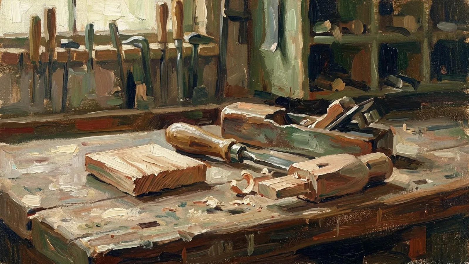A workshop bench at dusk with an offcut, a worn hand tool and a freshly recut part under low side light.