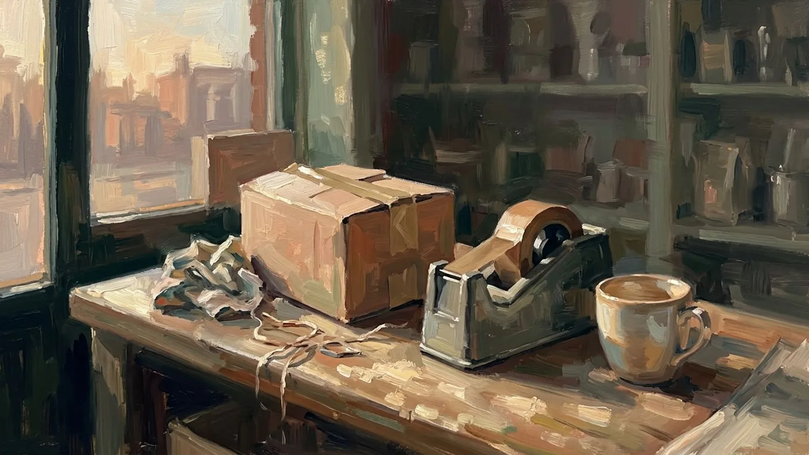 A shop counter after closing with a packed order box, a roll of tape and a cooling cup of coffee.
