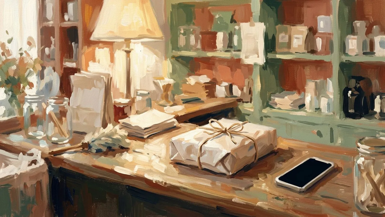 A small shop counter at closing time, a paper-wrapped order tied with twine under warm lamplight.