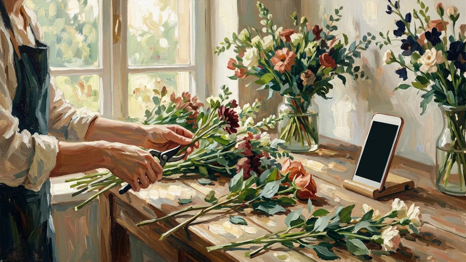 A florist's hands trimming stems at a workbench, a phone propped on a stand in the late afternoon light.