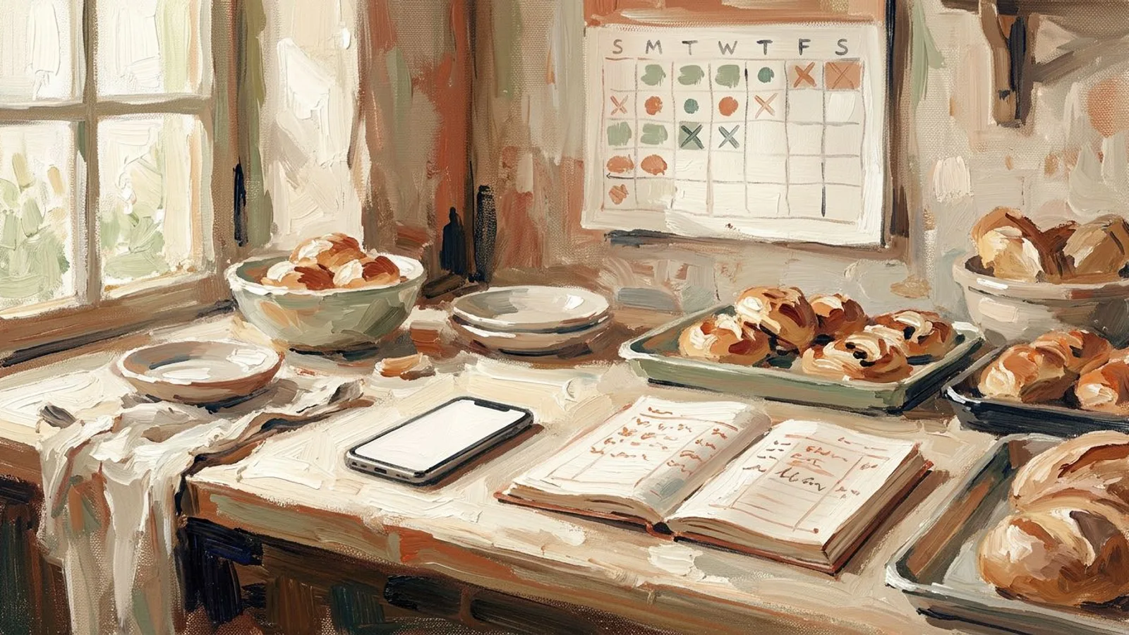 Bakery counter at dawn with a phone face-down by a ledger and a wall calendar of marked days trailing into blank ones
