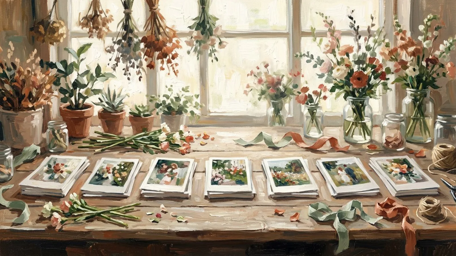 Florist's workbench with seven small piles of printed photos laid out in a row, cut stems and ribbon around them