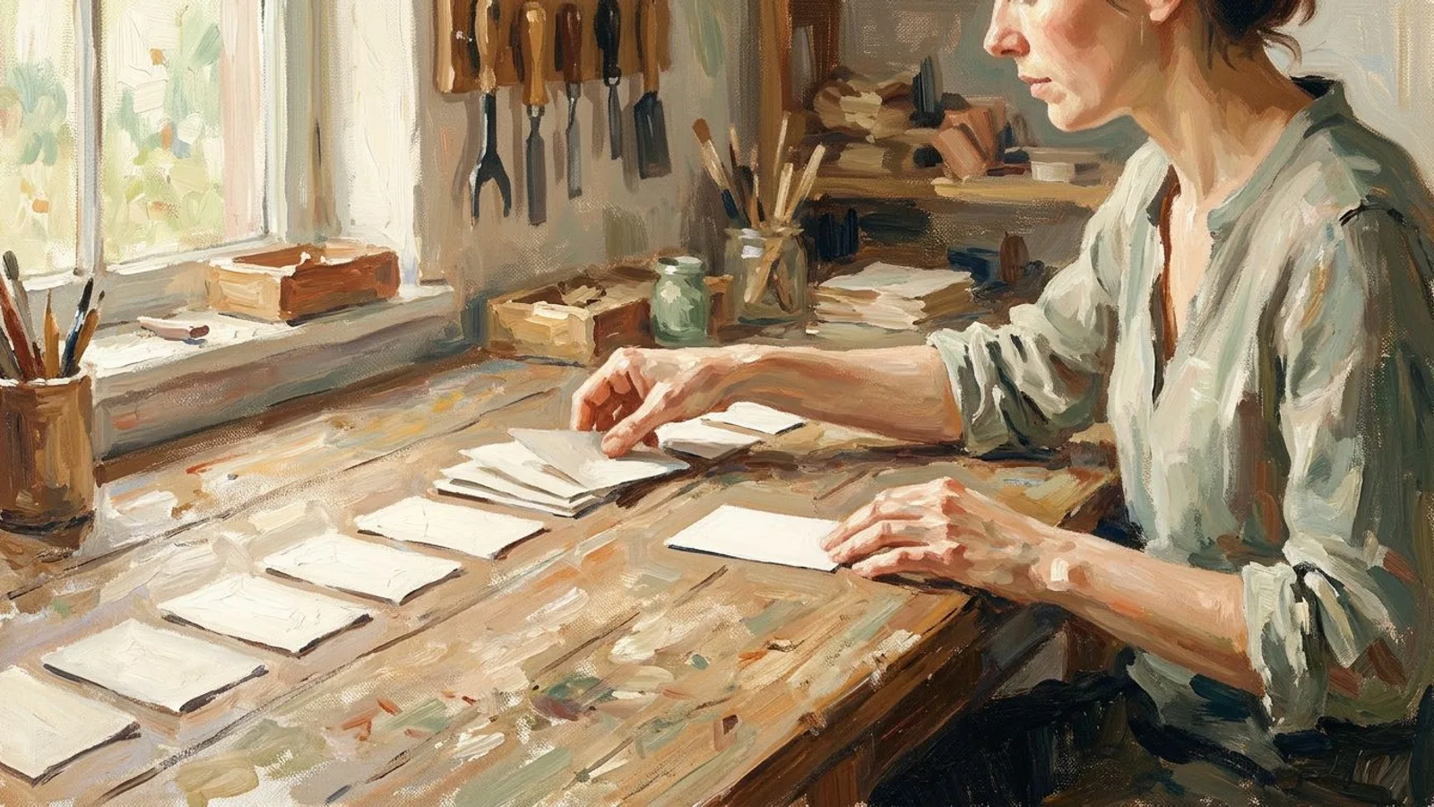 A workshop owner at a wooden table pushing seven of eight paper cards aside and keeping one, in morning light.