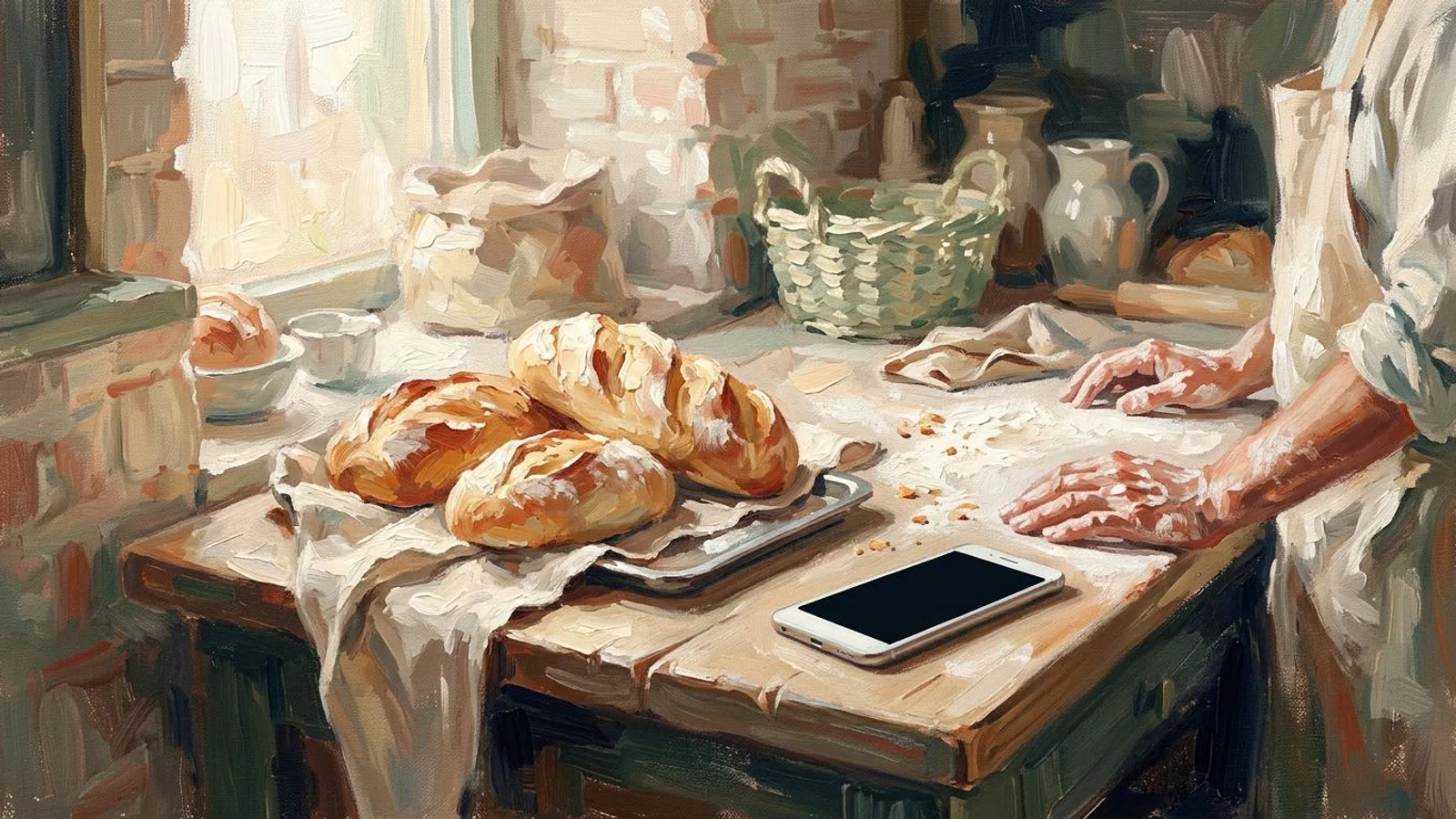 A bakery counter at dawn, a tray of fresh loaves beside a phone with a blank screen, flour-dusted hands in frame.
