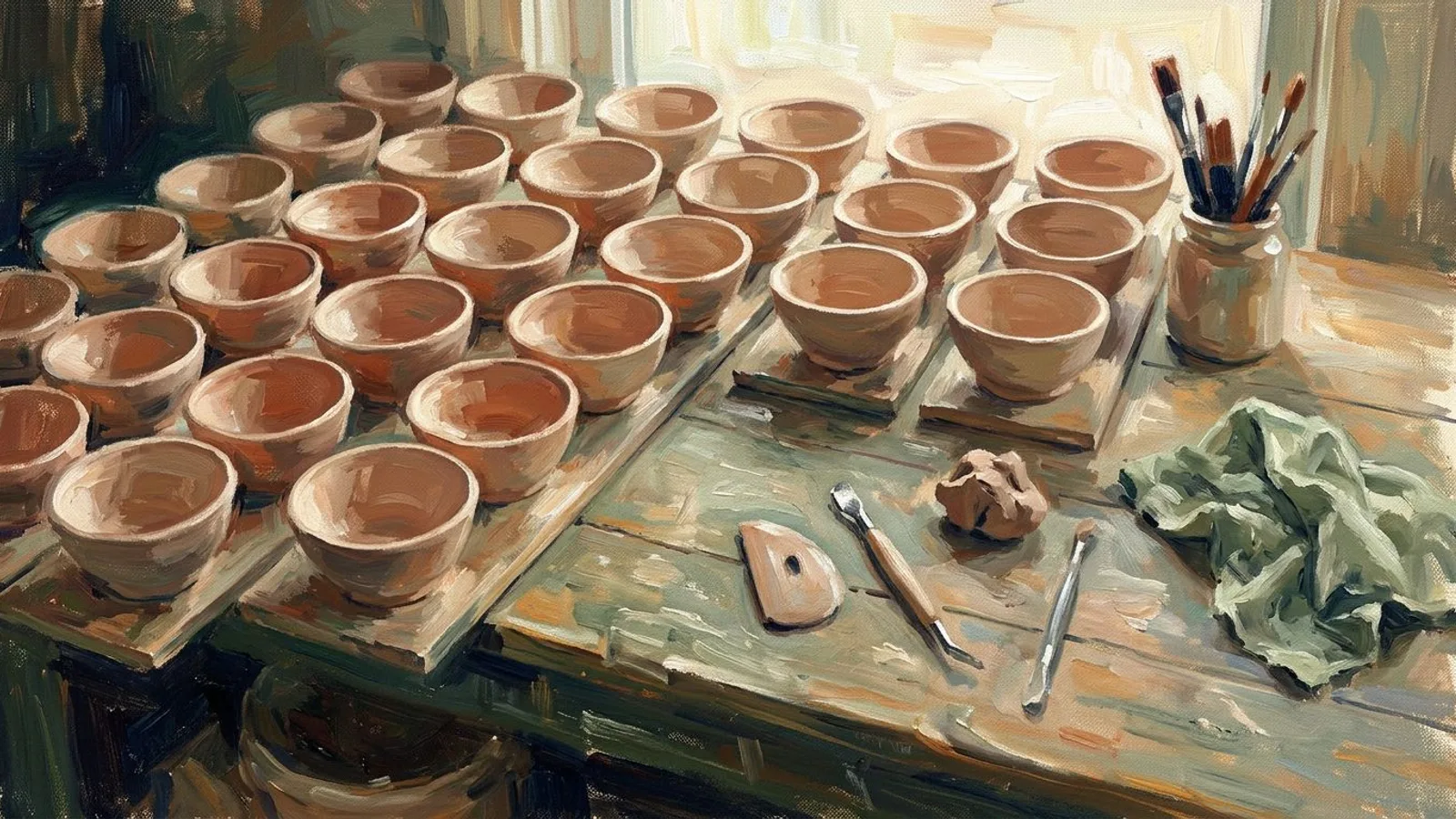 A ceramicist's workbench from above, rows of near-identical unglazed bowls lined up in a tight grid under side daylight.