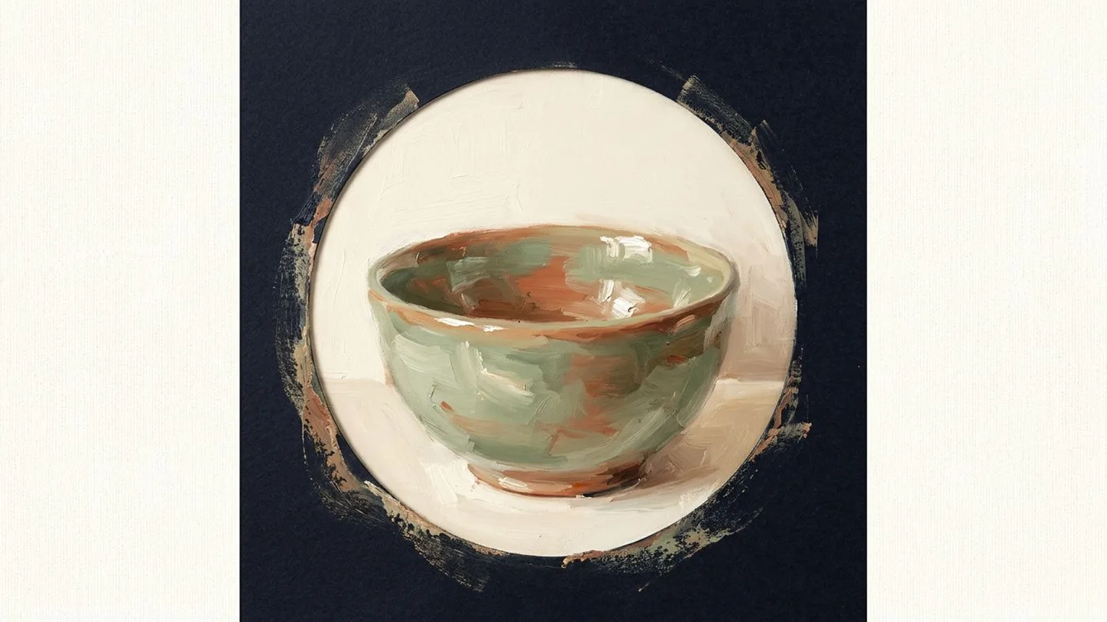 A single glazed bowl on a plain wall, seen through a round cut-out that it fills almost entirely