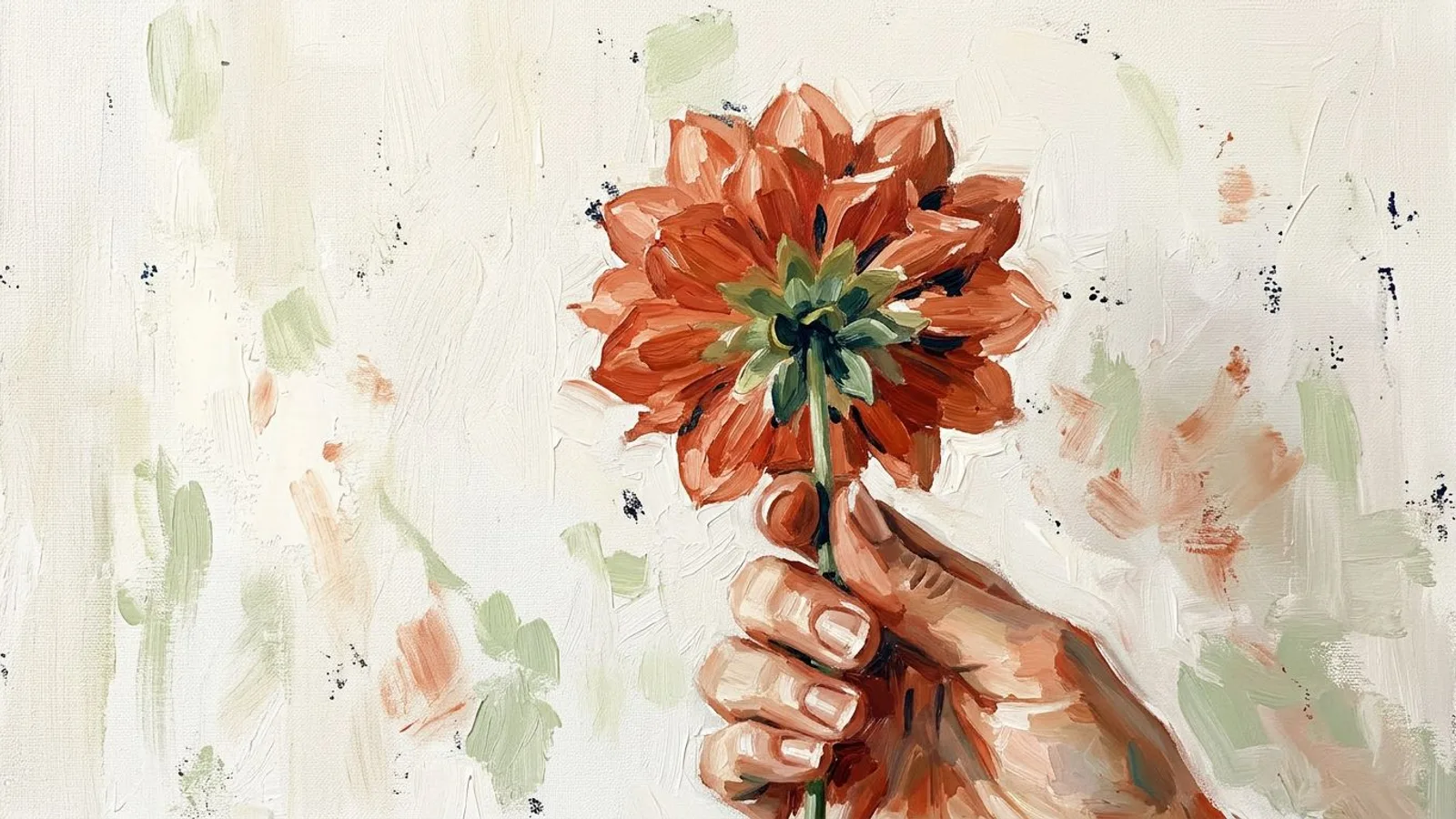 A florist holding one bloom up against a pale wall, framed tight so the flower fills the view