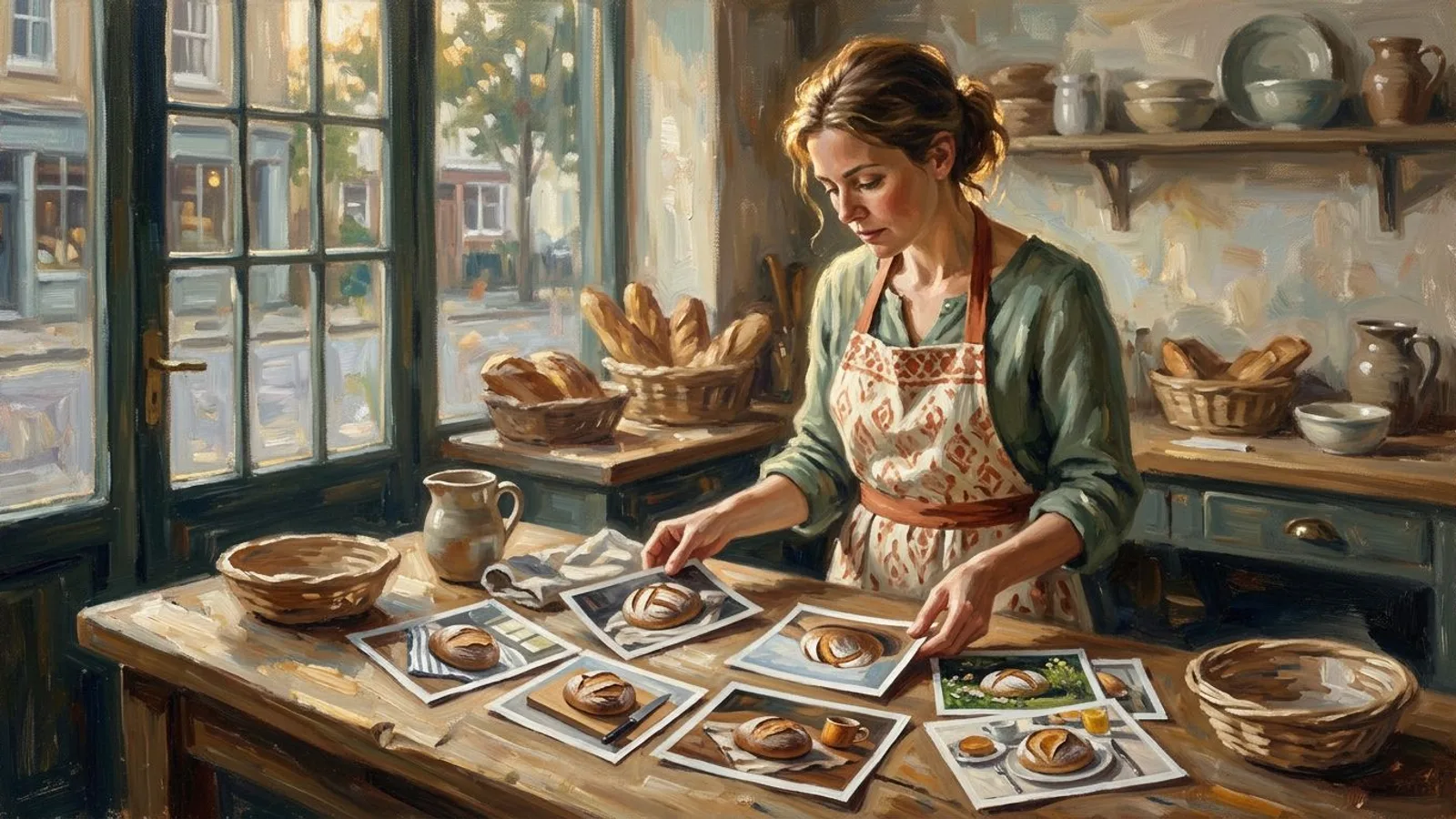 A bakery owner at the counter after closing, choosing between several photographs of the same sourdough loaf
