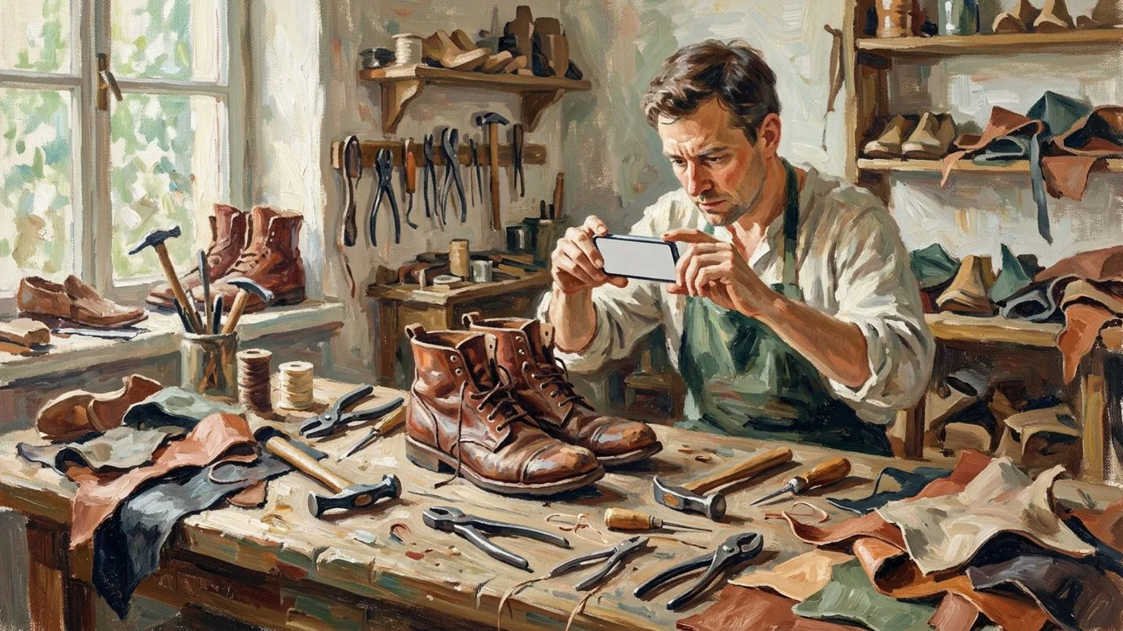 A cobbler photographing one pair of handmade boots from several angles on a workshop bench