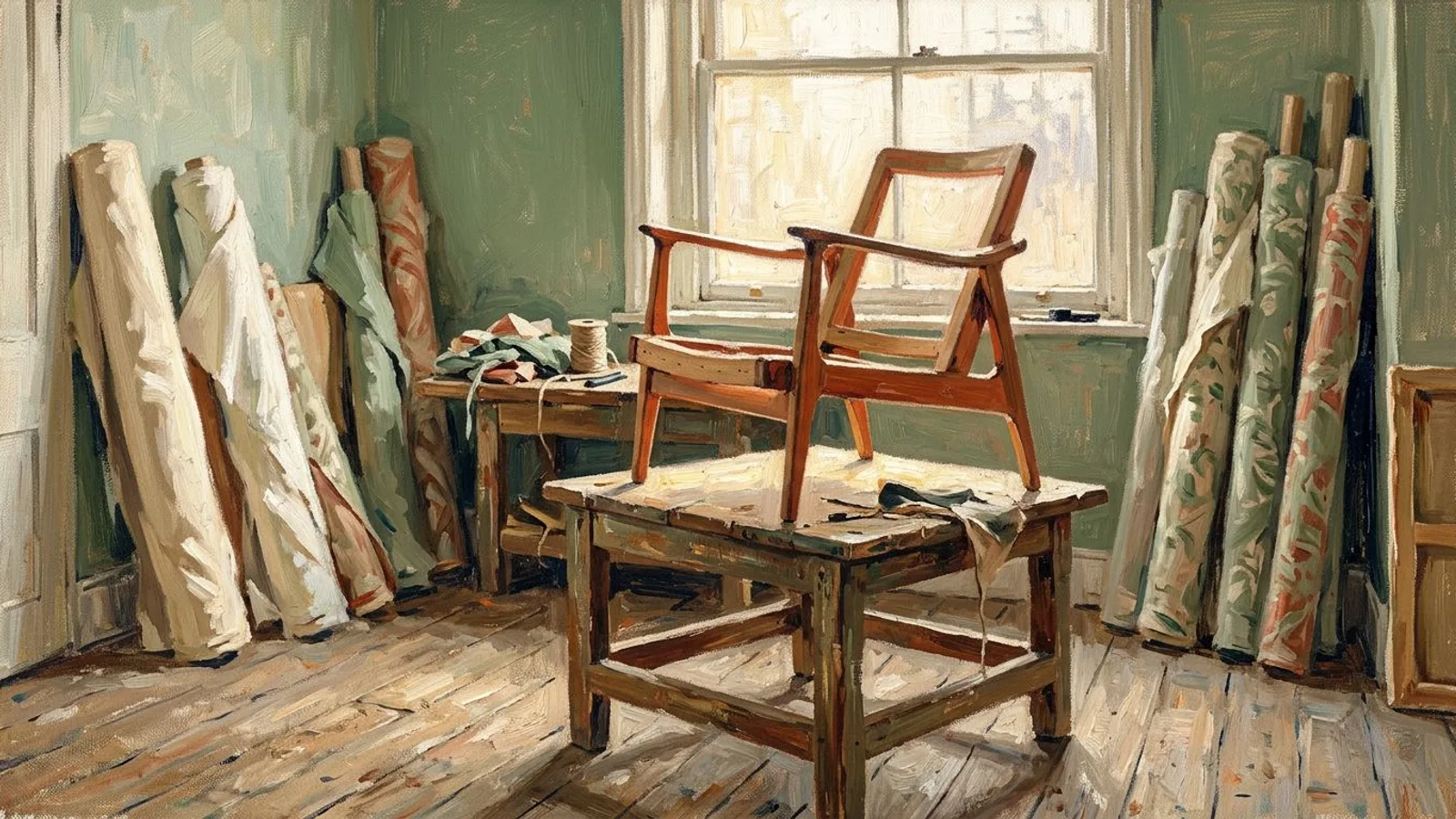 An armchair stripped to its wooden frame on a stand in a small upholstery workshop, rolls of fabric leaning against the wall