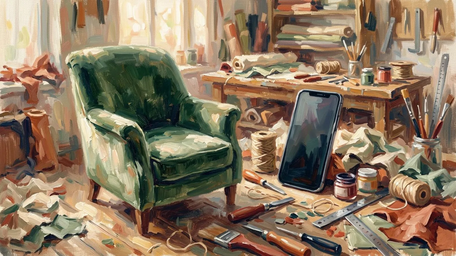 A phone propped on a workbench photographing a finished armchair in green velvet, tools and fabric offcuts around it