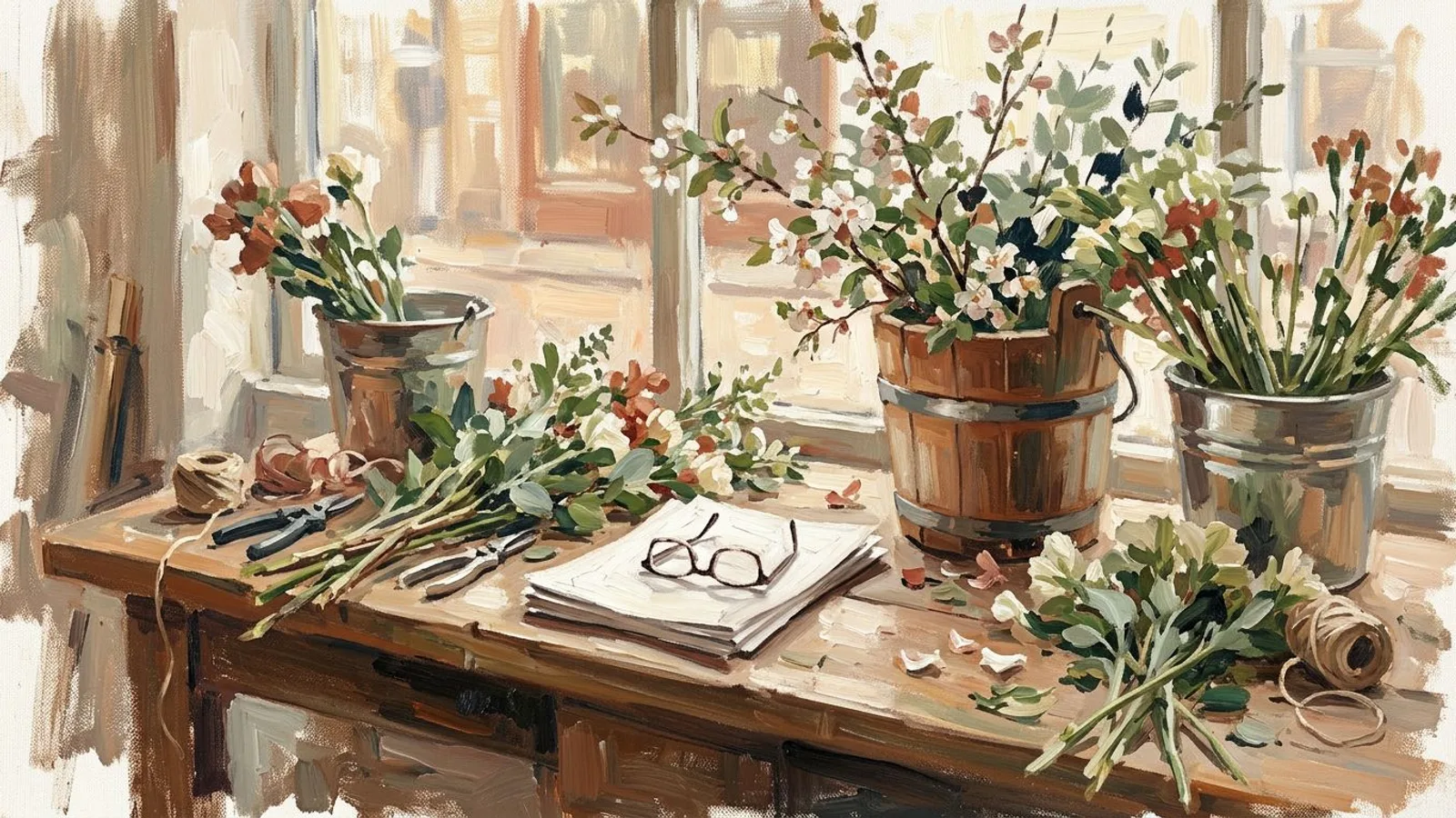 A stapled document on a florist's workbench between buckets of fresh stems, reading glasses resting on it in late afternoon light