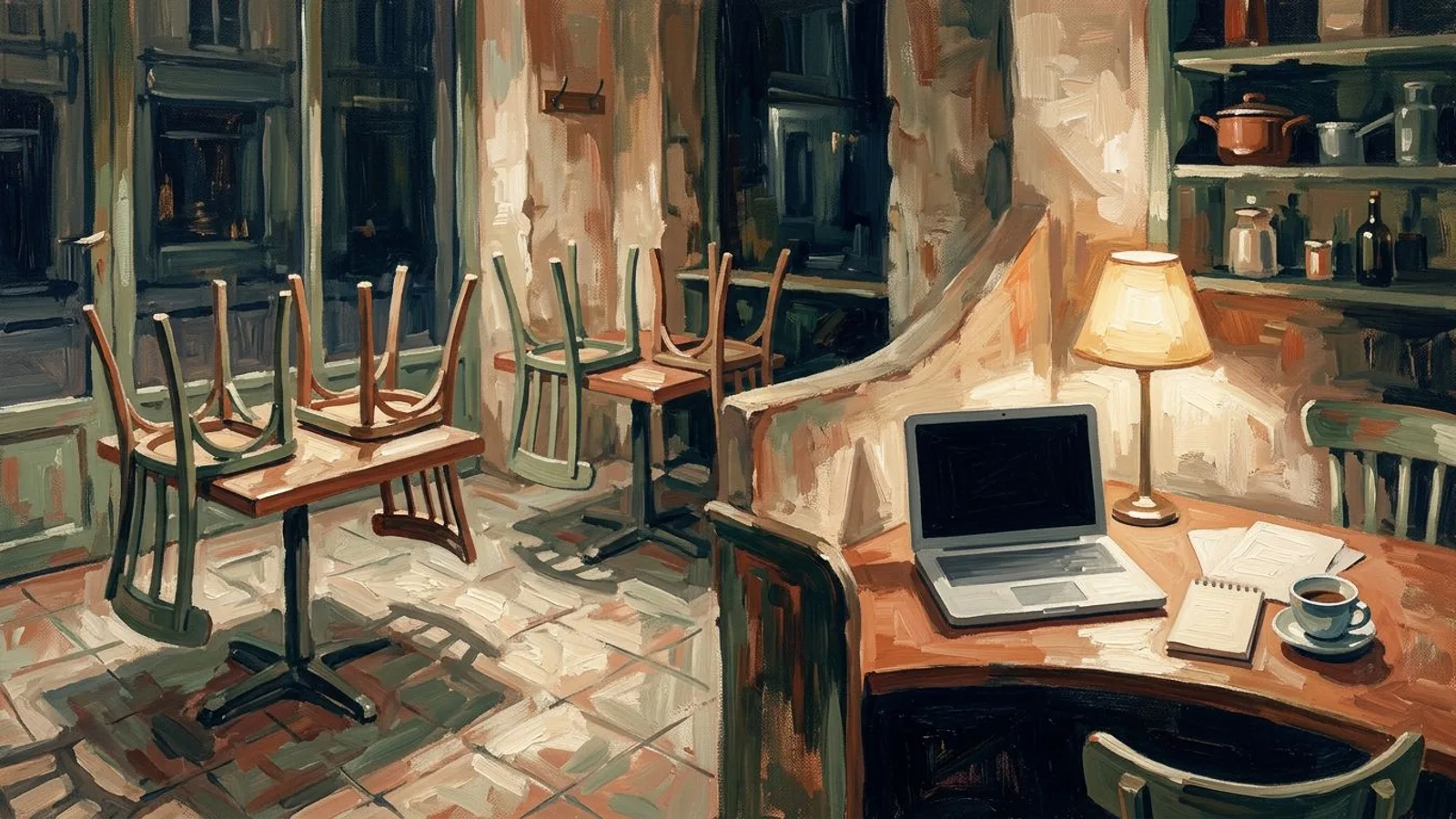 A bistro after closing, chairs up on the tables, a corner desk with a closed laptop, a notepad and a cold coffee under one lamp