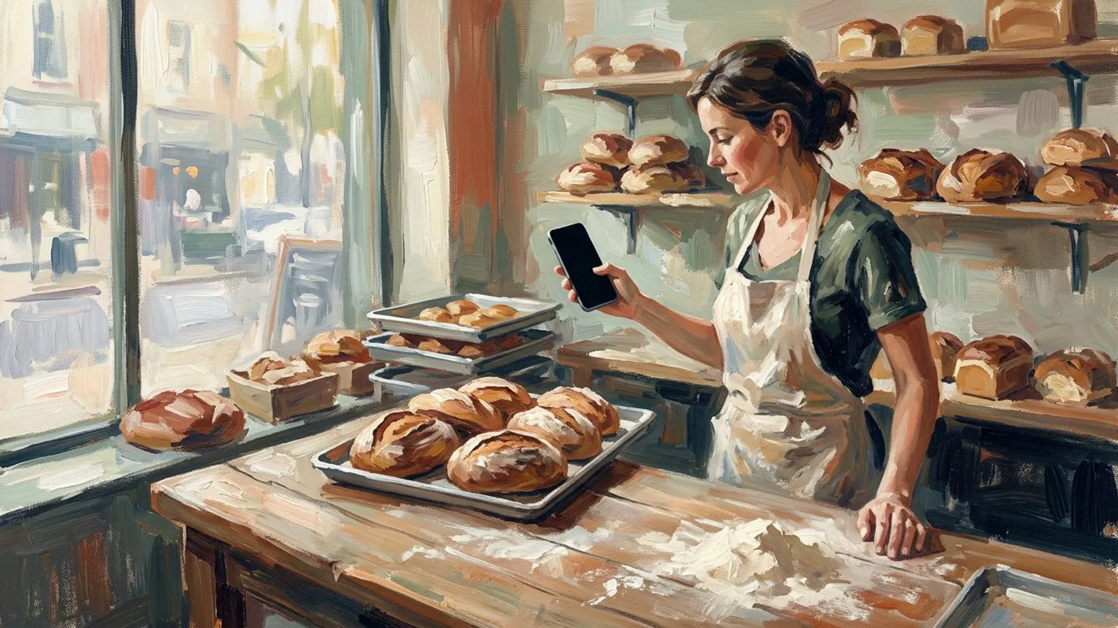 A bakery owner photographs a tray of fresh loaves with a phone at the end of the day, flour still on the counter.