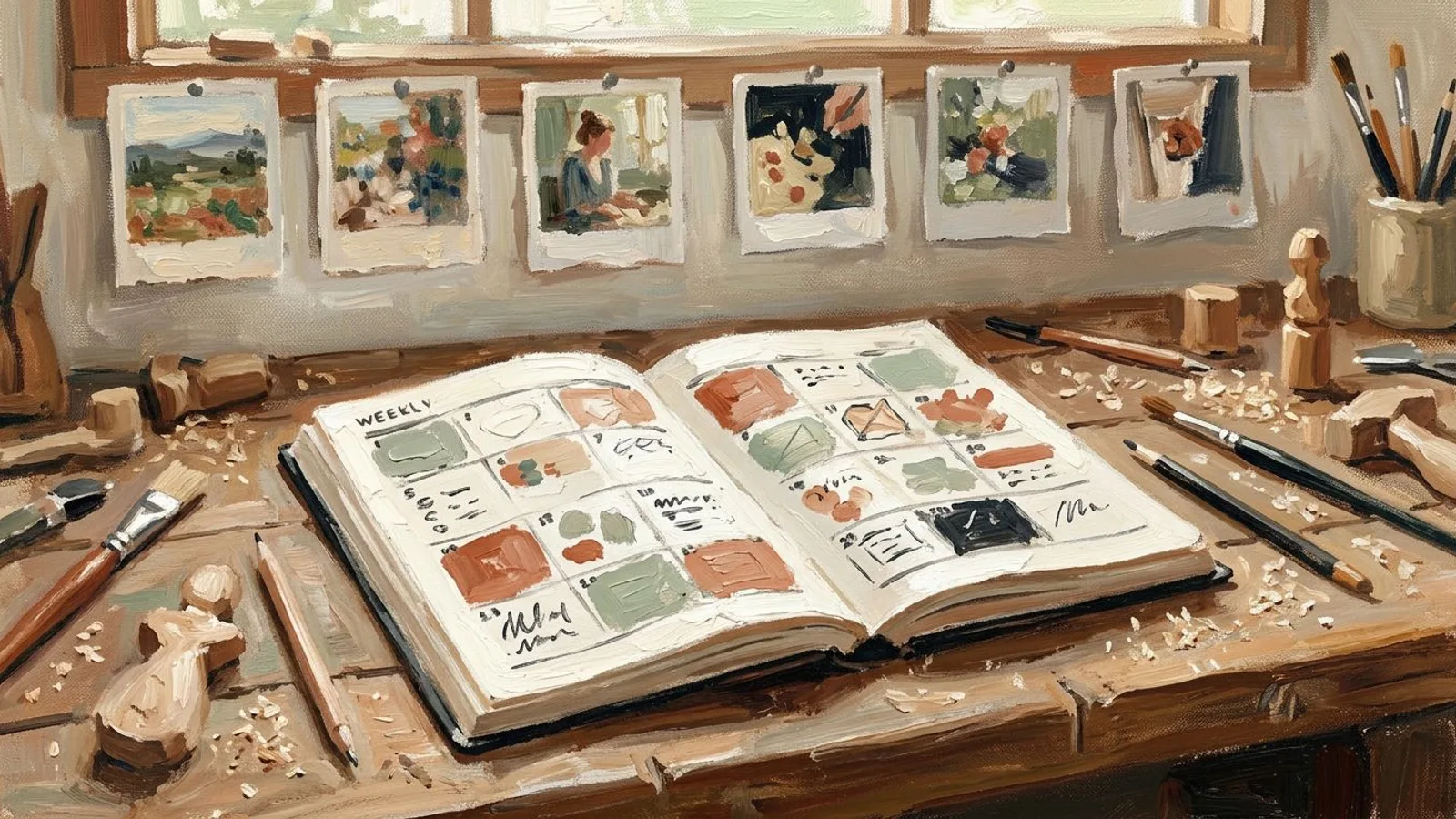 A weekly paper planner lies open on a workshop bench, six photographs pinned in a row above it.