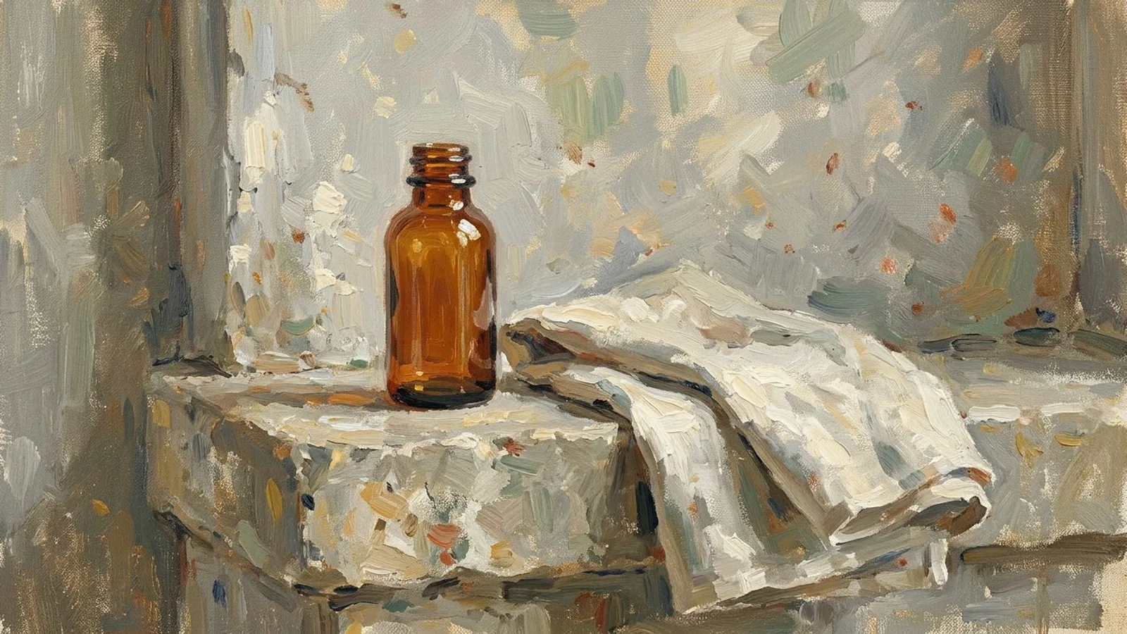 Painted scene of a small amber bottle resting on a weathered stone ledge beside a folded linen cloth in soft daylight