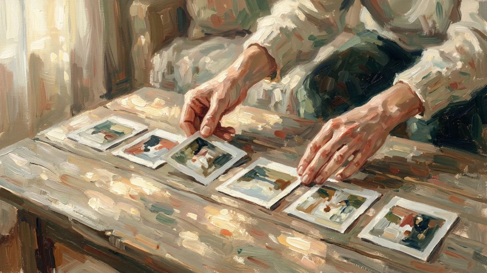 Painted scene of two hands laying out square prints in a row on a bare wooden table under a warm side lamp
