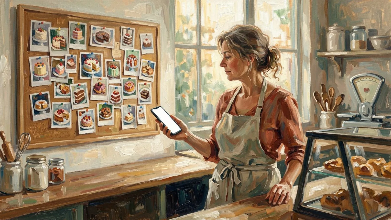 A bakery owner after closing, phone in hand, in front of a corkboard covered with customer photos of her cakes