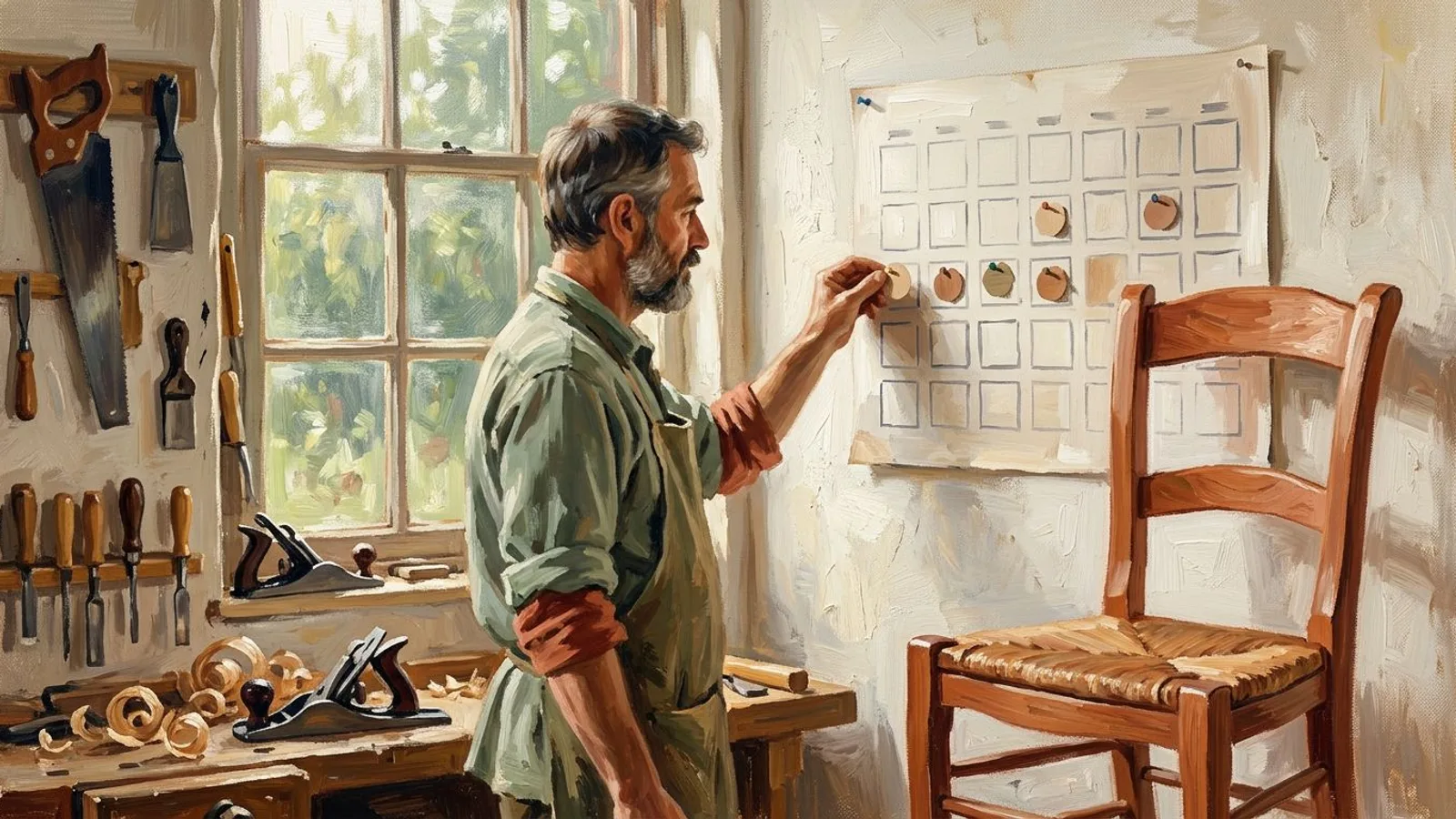 A woodworker adding a marker to a wall calendar next to a finished oak chair in a small workshop
