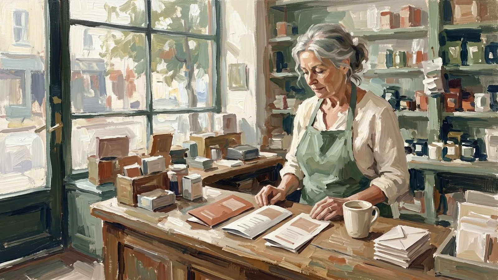 A shop owner at a wooden counter comparing three folded brochures laid side by side, morning light through the storefront window