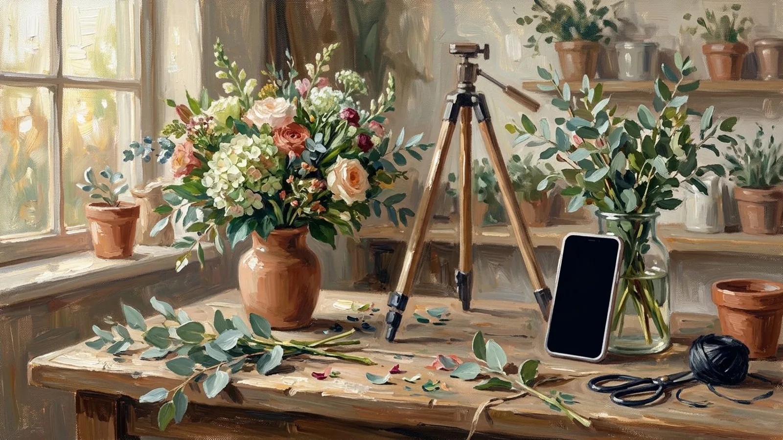 A florist's workbench with a finished bouquet, an empty camera tripod and a phone propped against a vase in late afternoon light