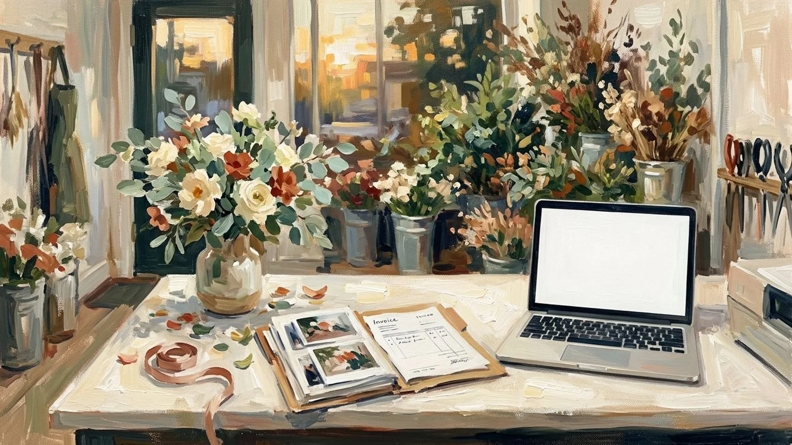 A florist's shop counter at closing time, with a handwritten invoice and a folder of printed photographs beside an open laptop